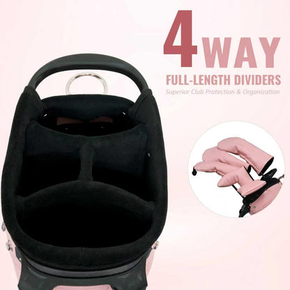 4-Way Full-Length Dividers Golf Bag Lightweight Waterproof PU Leather Single Lady Golf Stand Bag Women/Men, Pink and White