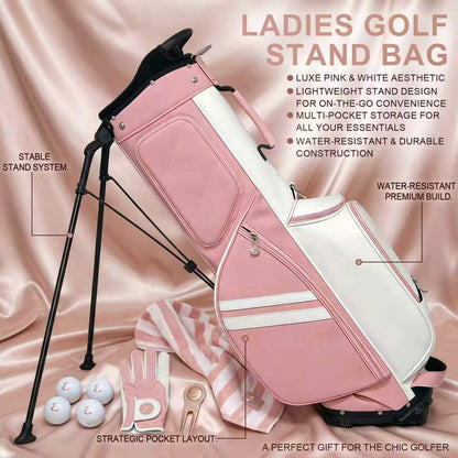 4-Way Full-Length Dividers Golf Bag Lightweight Waterproof PU Leather Single Lady Golf Stand Bag Women/Men, Pink and White