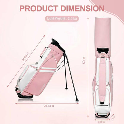 4-Way Full-Length Dividers Golf Bag Lightweight Waterproof PU Leather Single Lady Golf Stand Bag Women/Men, Pink and White