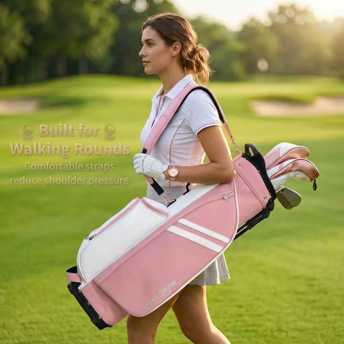 4-Way Full-Length Dividers Golf Bag Lightweight Waterproof PU Leather Single Lady Golf Stand Bag Women/Men, Pink and White