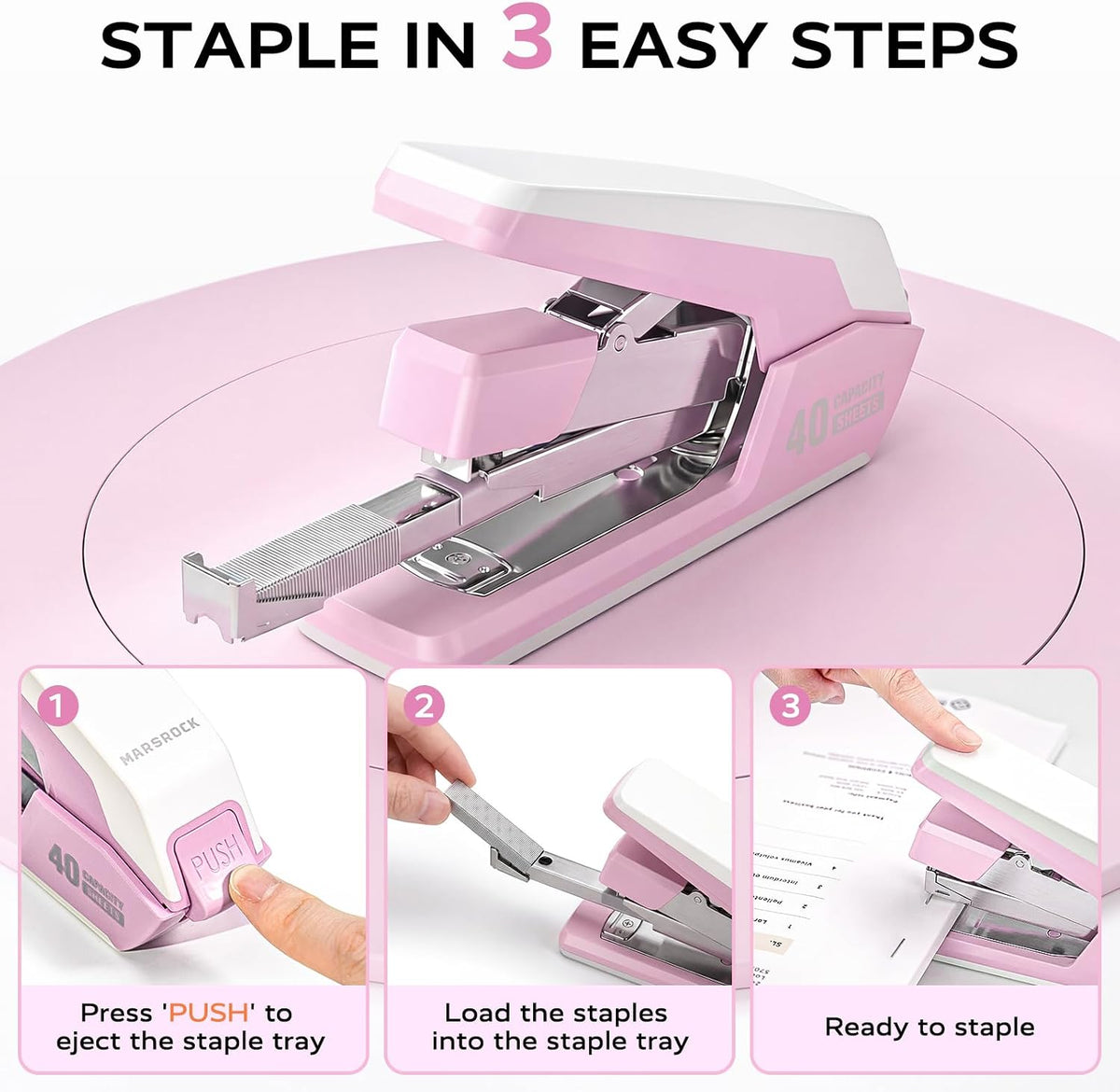 Heavy Duty Stapler for Desk with 40-50 Sheet, 2000 Staples, Pink