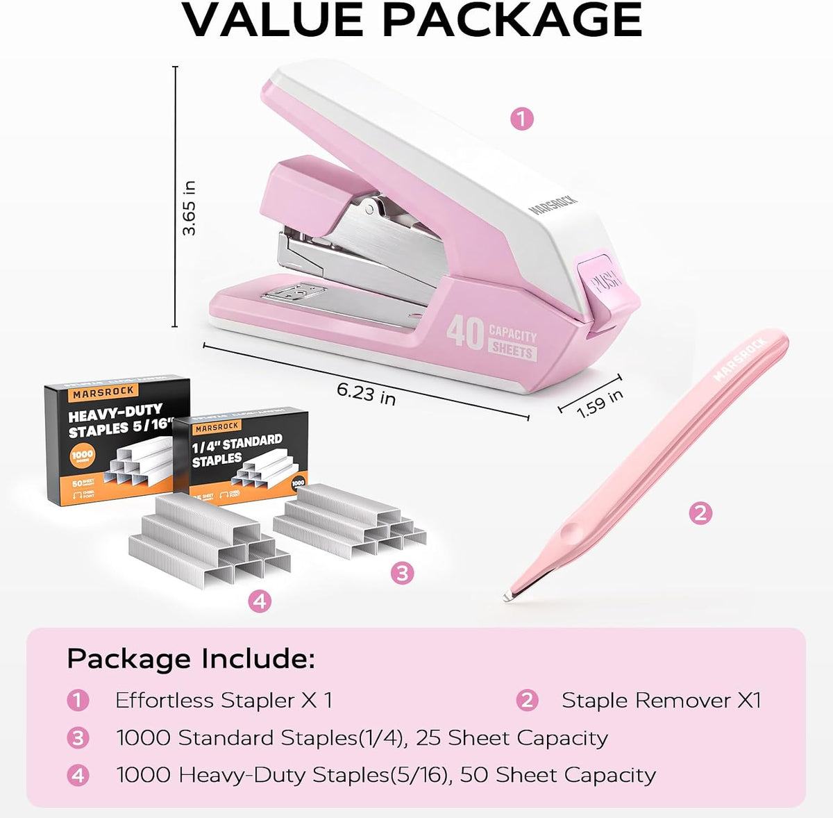 Heavy Duty Stapler for Desk with 40-50 Sheet, 2000 Staples, Pink