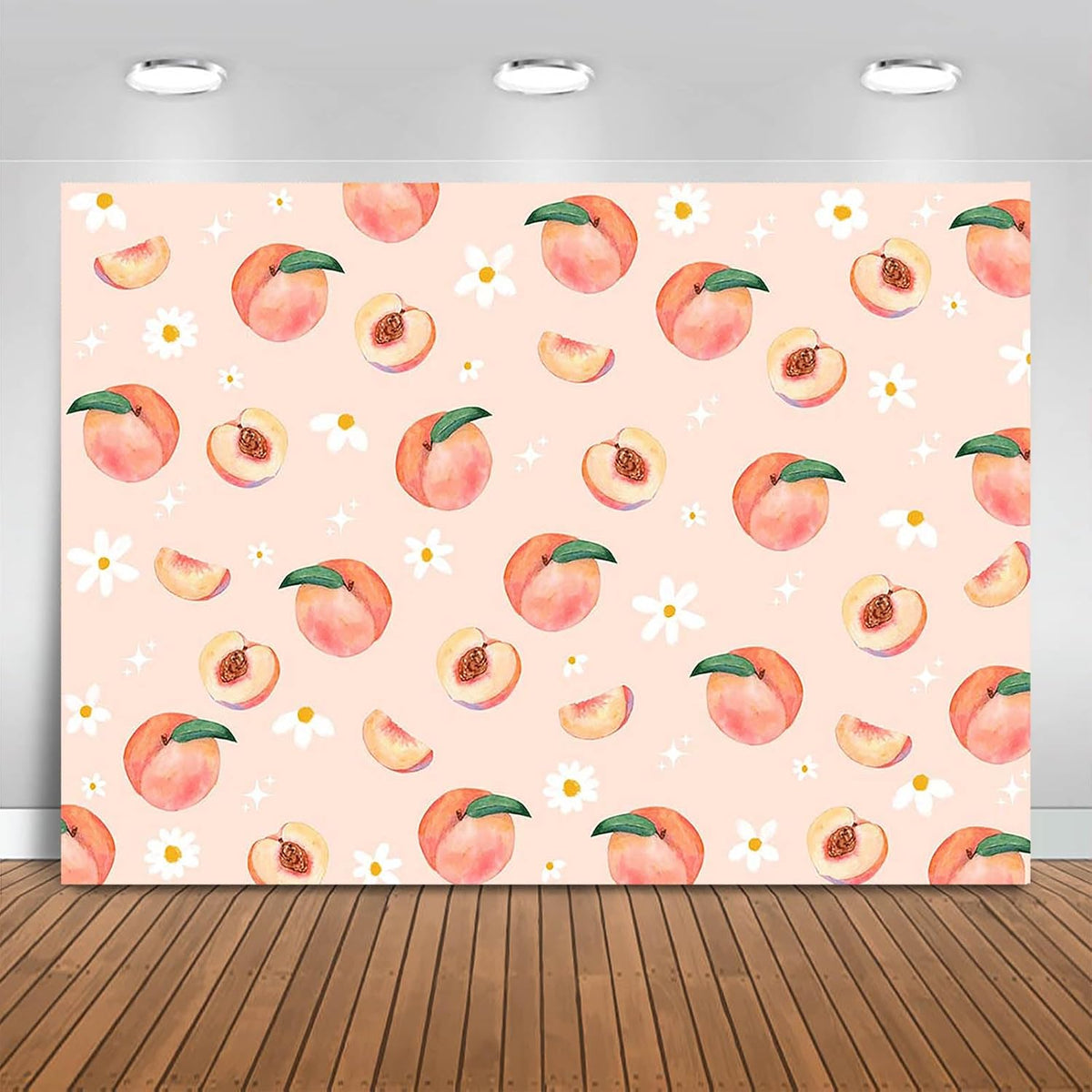 Peach Backdrop 7x5ft Allover Fruits Daisy Party Decorations Background Peach Wall Paper Dessert Table Cloth Banner Photo Booth Props