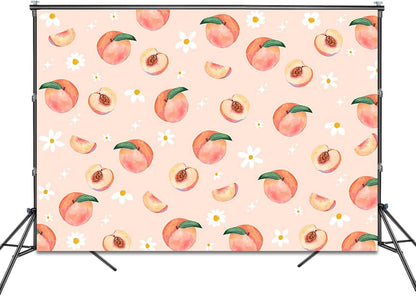 Peach Backdrop 7x5ft Allover Fruits Daisy Party Decorations Background Peach Wall Paper Dessert Table Cloth Banner Photo Booth Props