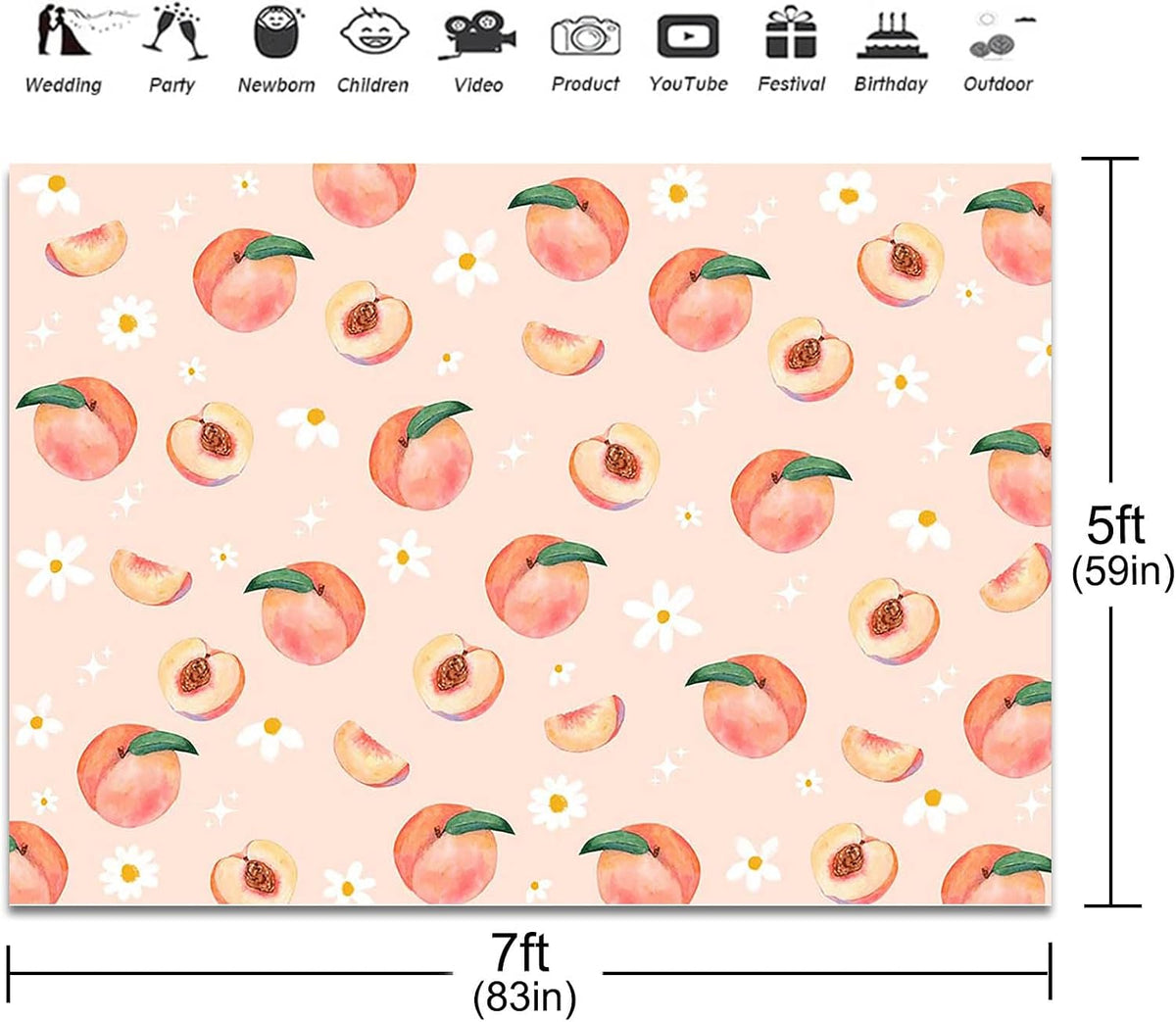 Peach Backdrop 7x5ft Allover Fruits Daisy Party Decorations Background Peach Wall Paper Dessert Table Cloth Banner Photo Booth Props