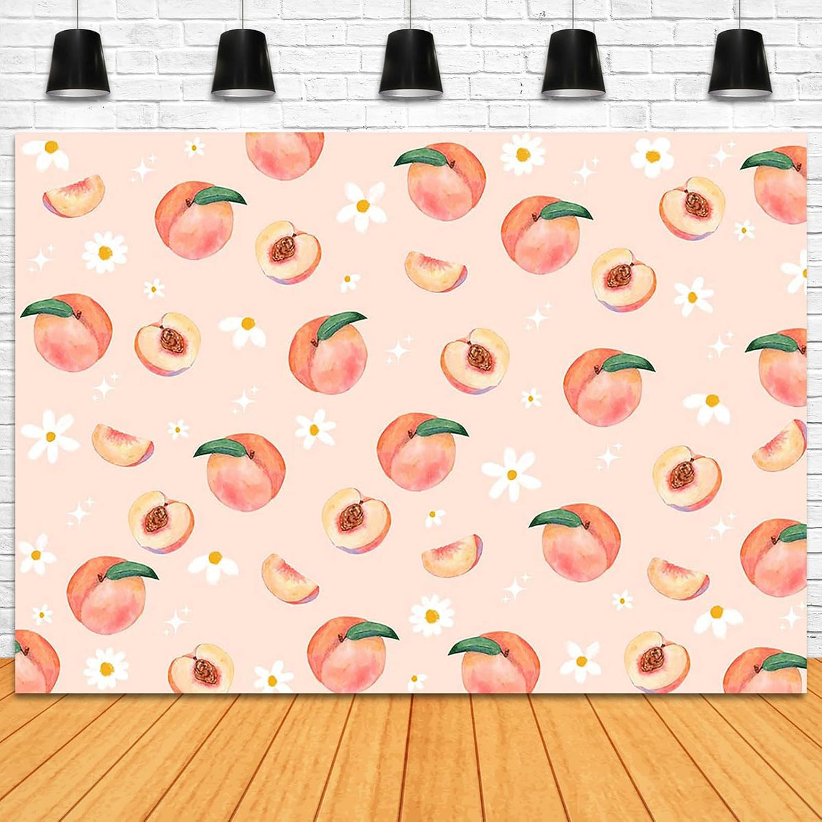 Peach Backdrop 7x5ft Allover Fruits Daisy Party Decorations Background Peach Wall Paper Dessert Table Cloth Banner Photo Booth Props