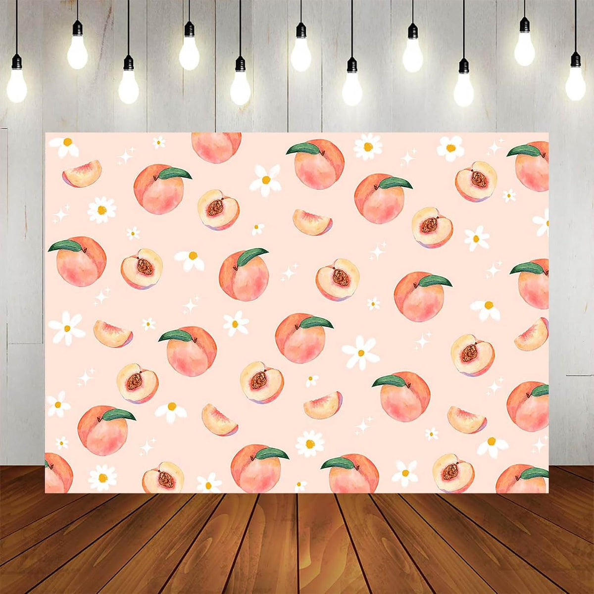 Peach Backdrop 7x5ft Allover Fruits Daisy Party Decorations Background Peach Wall Paper Dessert Table Cloth Banner Photo Booth Props