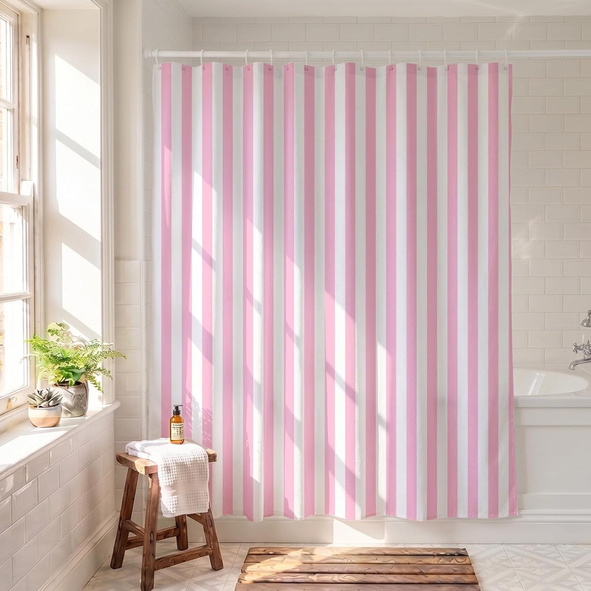 Striped Shower Curtain 72x72 inch, Waterproof Polyester Fabric Bathroom Shower Curtain Set with Hooks, Modern Minimalist Stripe Design for Bathroom Decor (Pink and White)