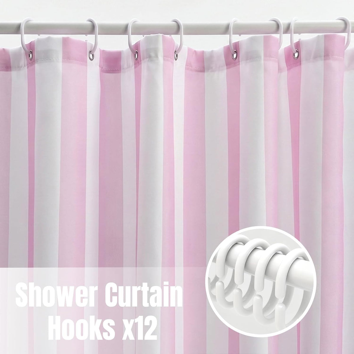 Striped Shower Curtain 72x72 inch, Waterproof Polyester Fabric Bathroom Shower Curtain Set with Hooks, Modern Minimalist Stripe Design for Bathroom Decor (Pink and White)