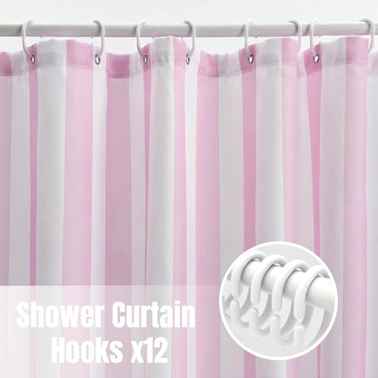 Striped Shower Curtain 72x72 inch, Waterproof Polyester Fabric Bathroom Shower Curtain Set with Hooks, Modern Minimalist Stripe Design for Bathroom Decor (Pink and White)