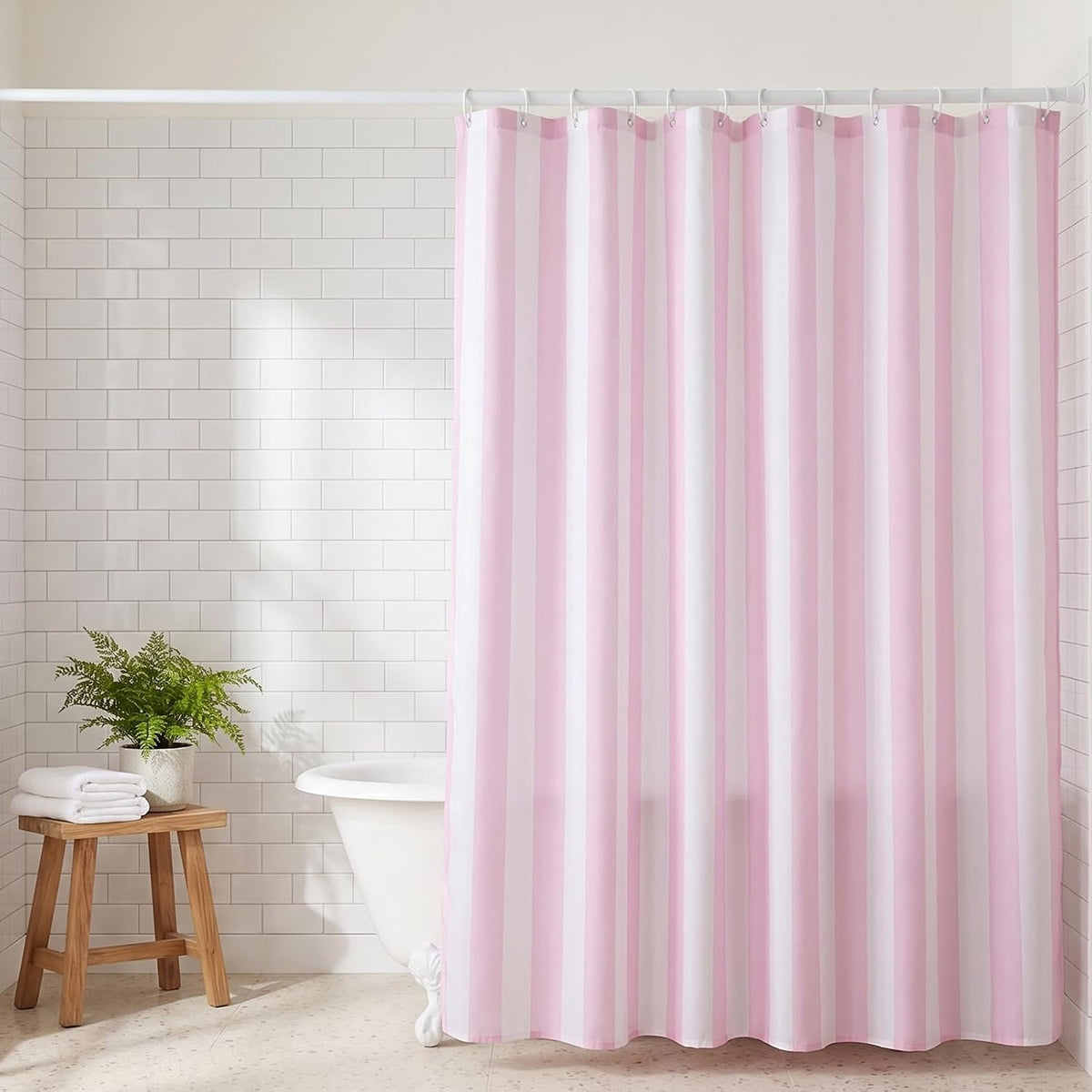 Striped Shower Curtain 72x72 inch, Waterproof Polyester Fabric Bathroom Shower Curtain Set with Hooks, Modern Minimalist Stripe Design for Bathroom Decor (Pink and White)