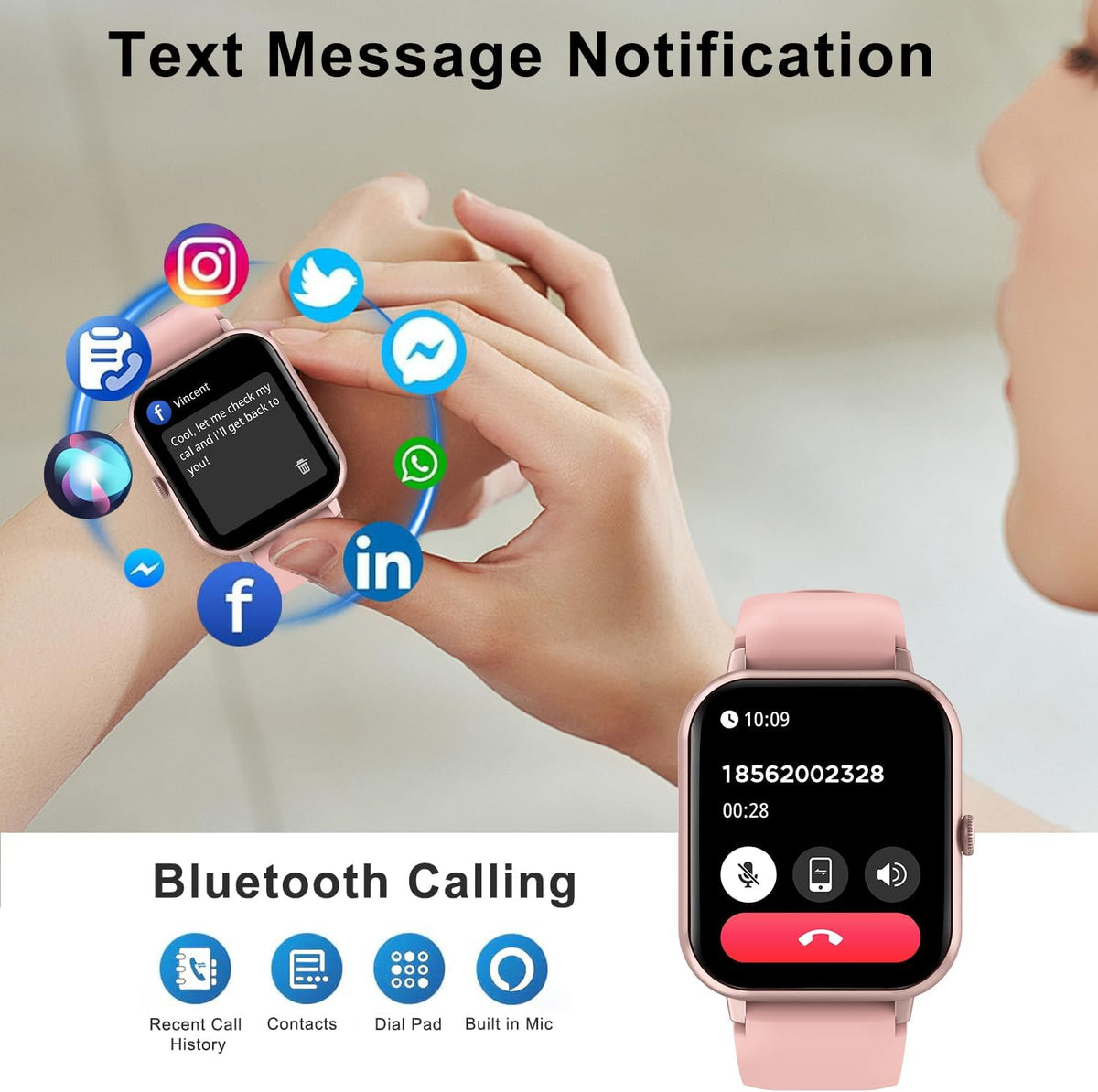 Smart Watch for Men Women Compatible with IOS Android Phone, 1.83" Full Touchscreen IP68 Waterproof Smart Watches,Fitness Tracker with Make/Recive Call 123+ Sport Modes Heart Rate/Sleep Monitor,Pink