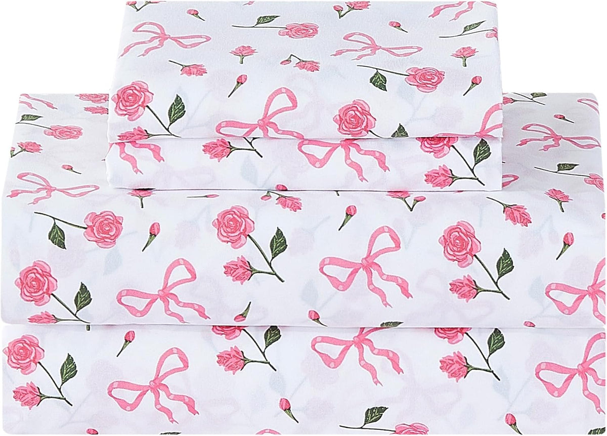Pink Floral Queen Bed Sheets, Cozy Microfiber Flower Printed Sheets with 15" Deep Pocket Fitted Sheet & Non-Slip Straps, Patterned Pink Rose - Bow Sheets & Pillowcase Set