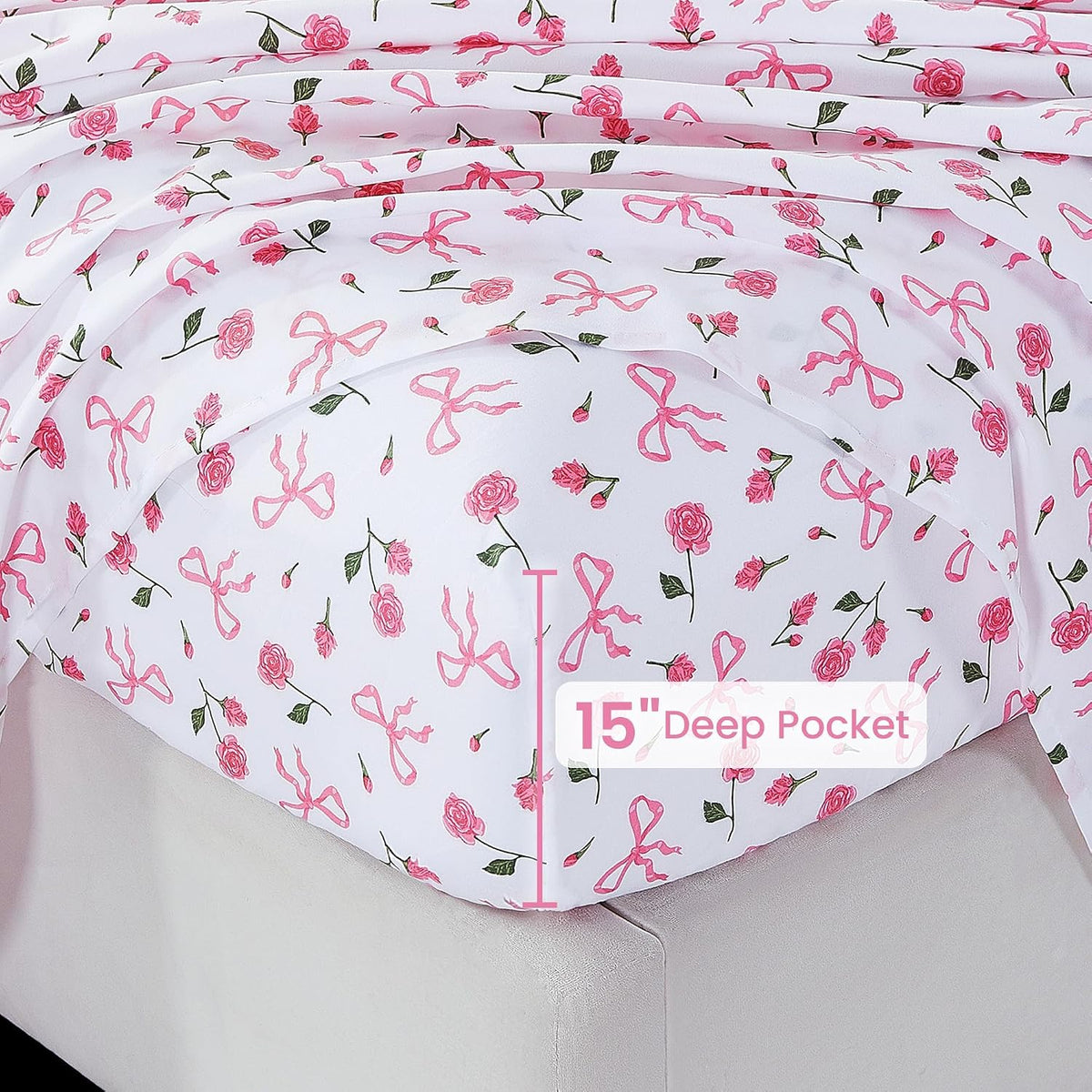 Pink Floral Queen Bed Sheets, Cozy Microfiber Flower Printed Sheets with 15" Deep Pocket Fitted Sheet & Non-Slip Straps, Patterned Pink Rose - Bow Sheets & Pillowcase Set