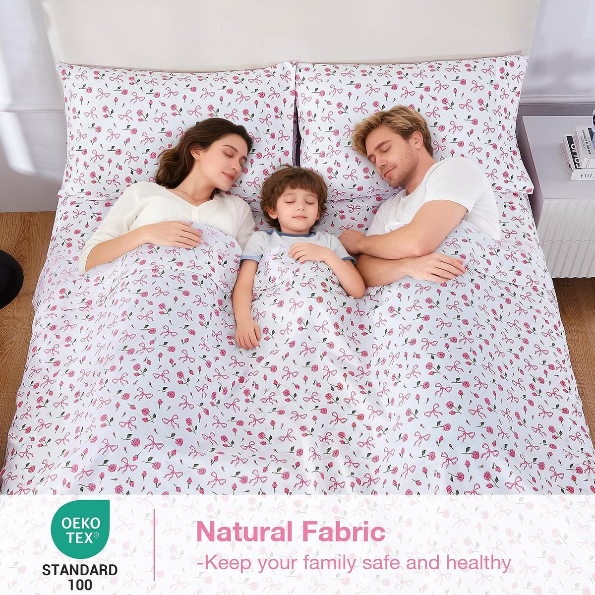 Pink Floral Queen Bed Sheets, Cozy Microfiber Flower Printed Sheets with 15" Deep Pocket Fitted Sheet & Non-Slip Straps, Patterned Pink Rose - Bow Sheets & Pillowcase Set