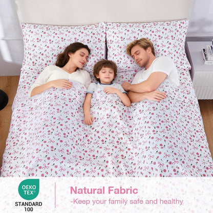 Pink Floral Queen Bed Sheets, Cozy Microfiber Flower Printed Sheets with 15" Deep Pocket Fitted Sheet & Non-Slip Straps, Patterned Pink Rose - Bow Sheets & Pillowcase Set
