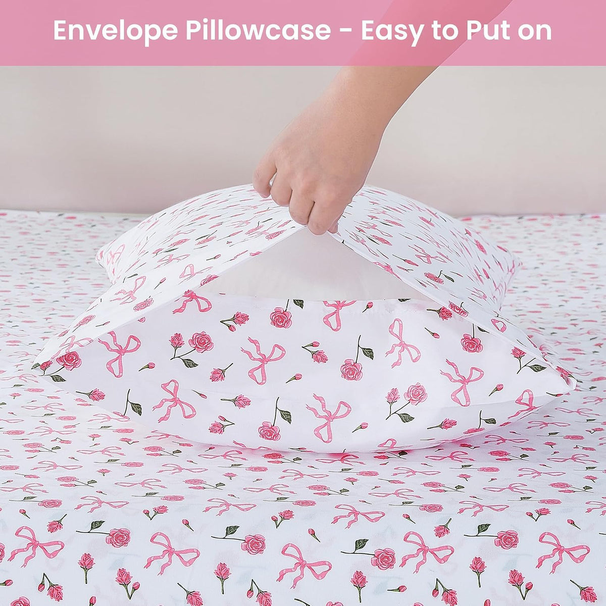 Pink Floral Queen Bed Sheets, Cozy Microfiber Flower Printed Sheets with 15" Deep Pocket Fitted Sheet & Non-Slip Straps, Patterned Pink Rose - Bow Sheets & Pillowcase Set