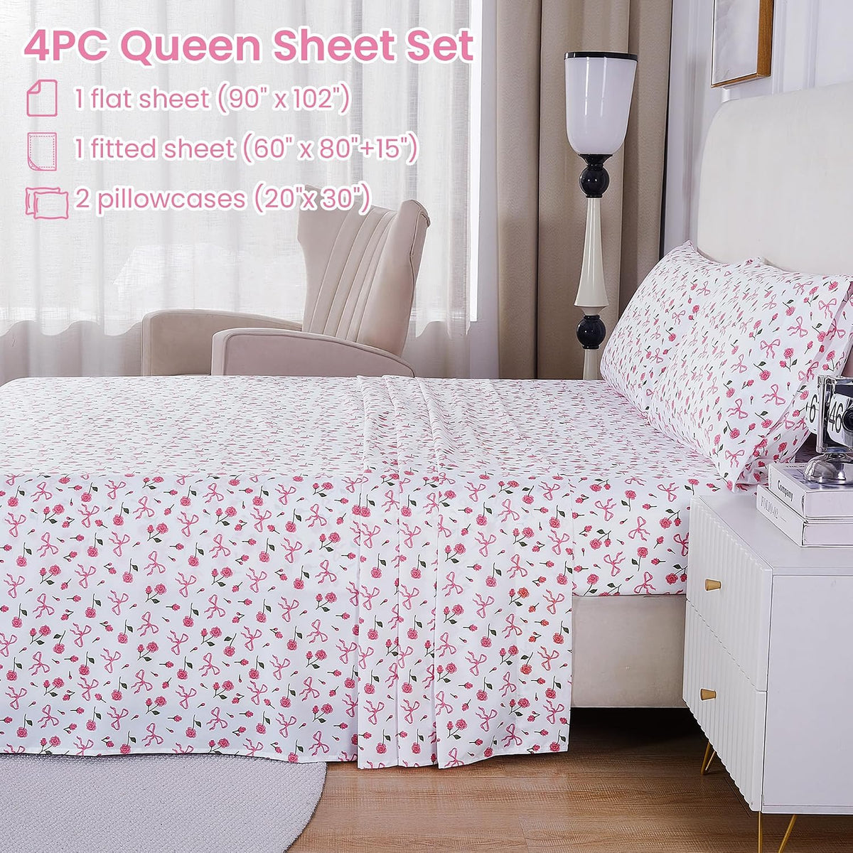 Pink Floral Queen Bed Sheets, Cozy Microfiber Flower Printed Sheets with 15" Deep Pocket Fitted Sheet & Non-Slip Straps, Patterned Pink Rose - Bow Sheets & Pillowcase Set
