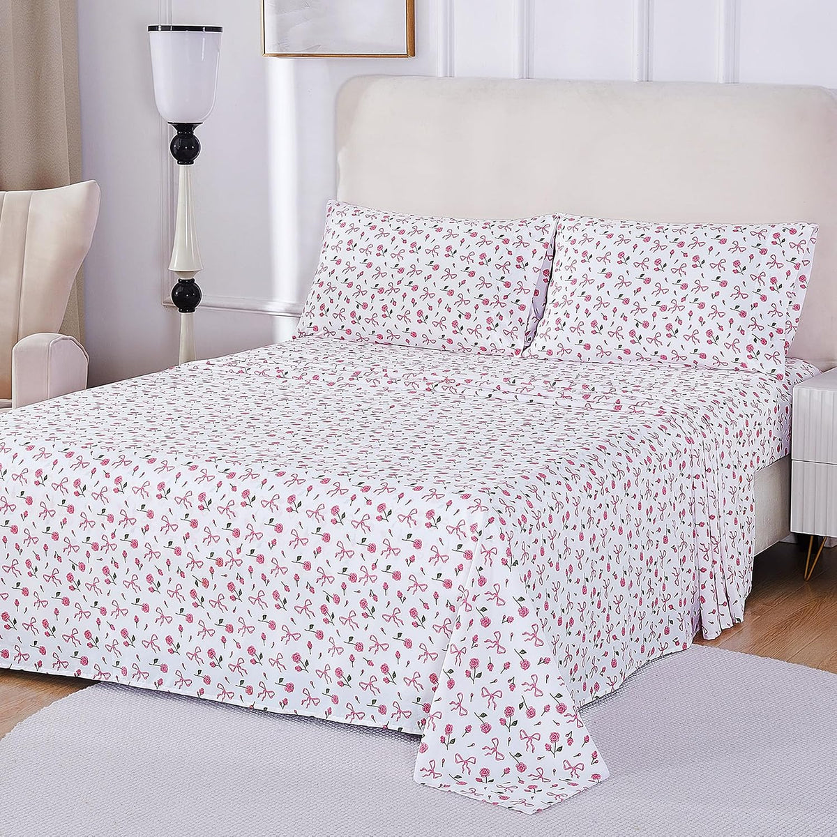 Pink Floral Queen Bed Sheets, Cozy Microfiber Flower Printed Sheets with 15" Deep Pocket Fitted Sheet & Non-Slip Straps, Patterned Pink Rose - Bow Sheets & Pillowcase Set