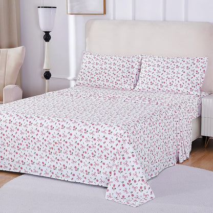 Pink Floral Queen Bed Sheets, Cozy Microfiber Flower Printed Sheets with 15" Deep Pocket Fitted Sheet & Non-Slip Straps, Patterned Pink Rose - Bow Sheets & Pillowcase Set