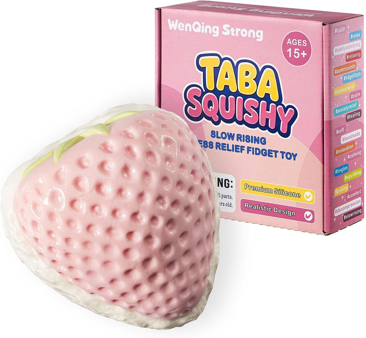 Giant Strawberry Taba Squishy Toy, Slow Rising Stress Relief Squeeze Ball Kawaii Pink and White Fidget Premium Silicone Handmade with Keychain Gift for Adults By Wenqing Strong