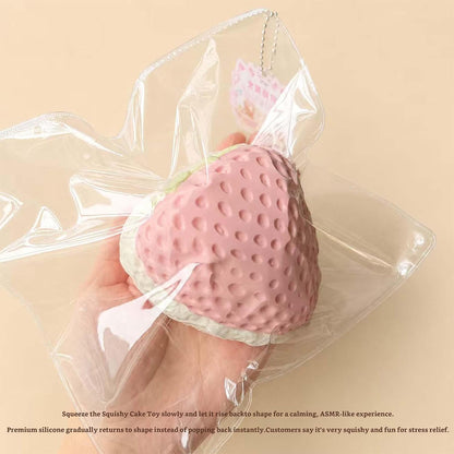 Giant Strawberry Taba Squishy Toy, Slow Rising Stress Relief Squeeze Ball Kawaii Pink and White Fidget Premium Silicone Handmade with Keychain Gift for Adults By Wenqing Strong