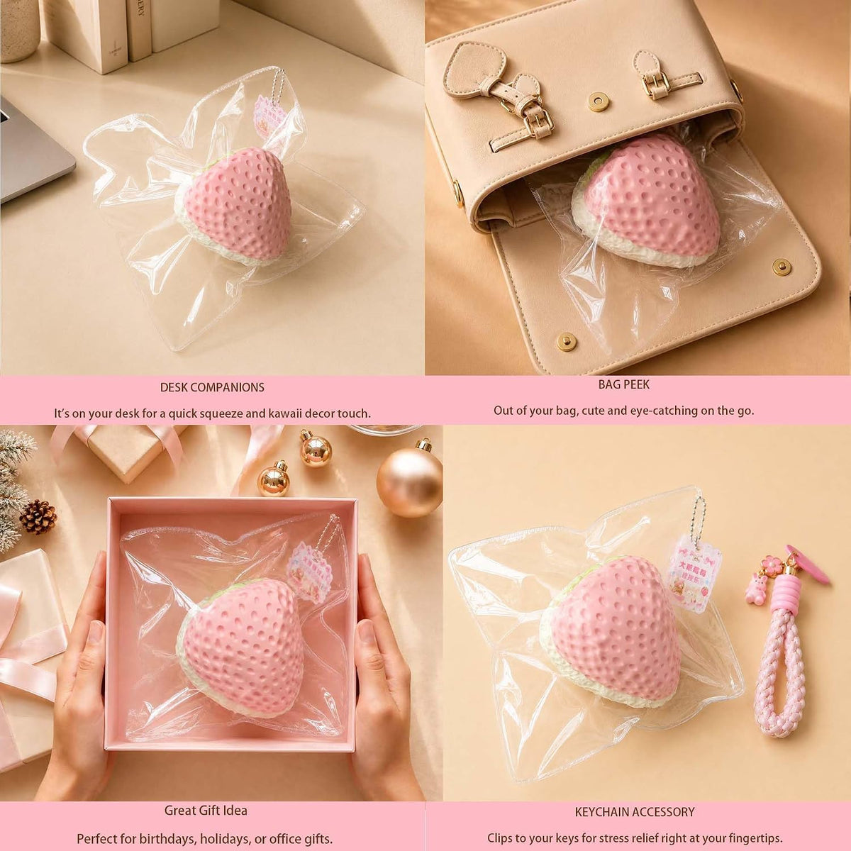 Giant Strawberry Taba Squishy Toy, Slow Rising Stress Relief Squeeze Ball Kawaii Pink and White Fidget Premium Silicone Handmade with Keychain Gift for Adults By Wenqing Strong