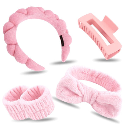 Wecoe Pink Spa Headband & Wristband Set for Washing Face Hair Clips