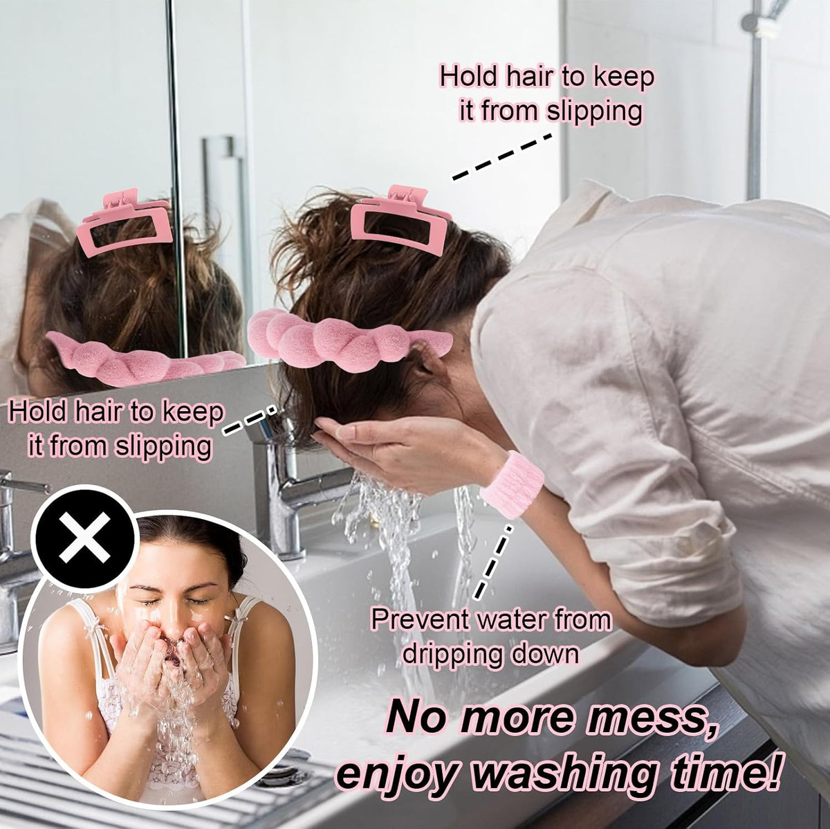 Wecoe Pink Spa Headband & Wristband Set for Washing Face Hair Clips