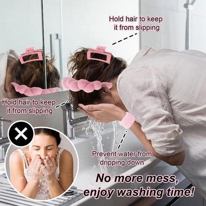Wecoe Pink Spa Headband & Wristband Set for Washing Face Hair Clips