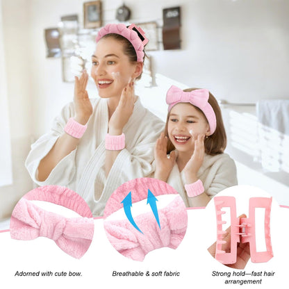 Wecoe Pink Spa Headband & Wristband Set for Washing Face Hair Clips