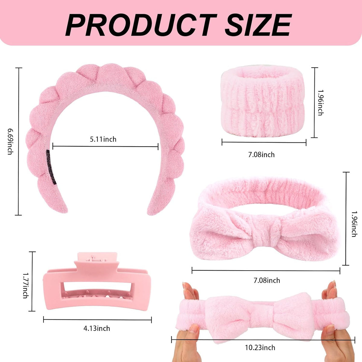 Wecoe Pink Spa Headband & Wristband Set for Washing Face Hair Clips