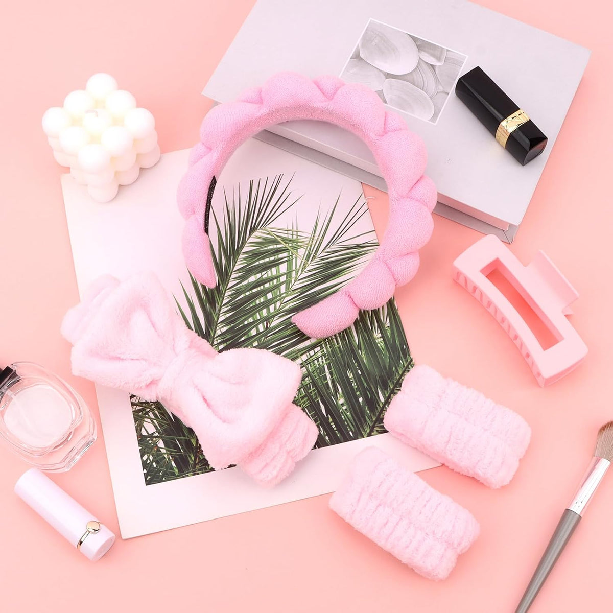 Wecoe Pink Spa Headband & Wristband Set for Washing Face Hair Clips
