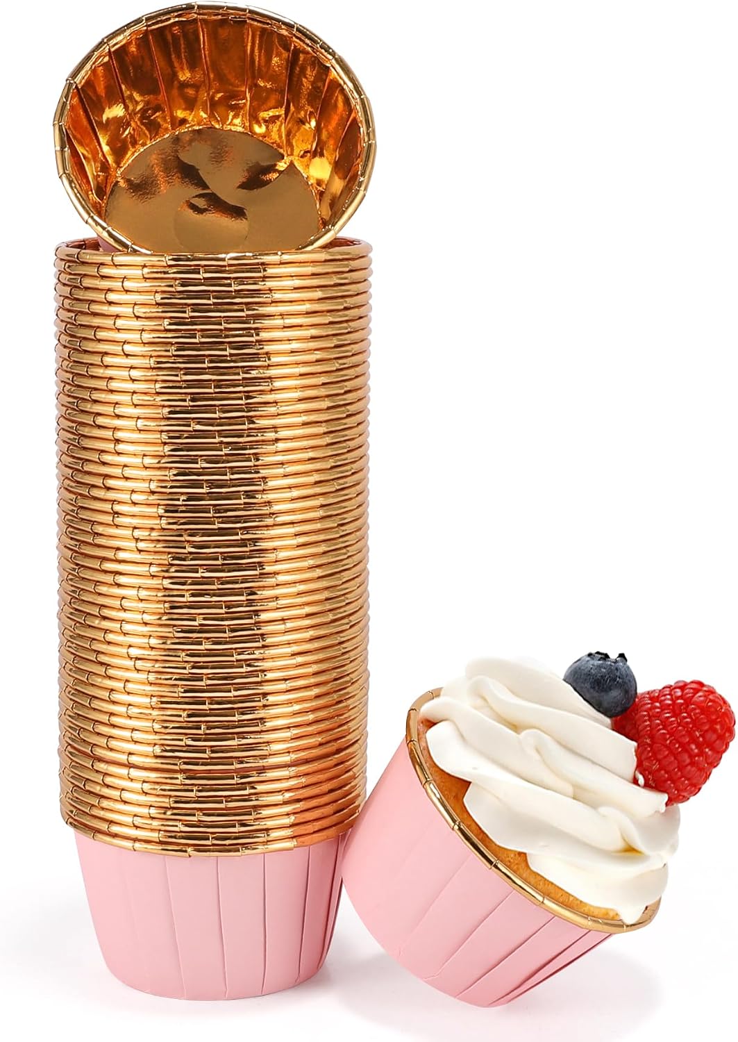 Pink and Gold Foil Cupcake Liners,100 pcs Disposable Muffin Liners 3.5 Oz Wrappers for Baking, Metallic Muffin Paper Cases Baking Cups, Wedding Party, Mother's Day Cupcake Liners