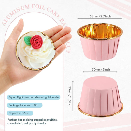 Pink and Gold Foil Cupcake Liners,100 pcs Disposable Muffin Liners 3.5 Oz Wrappers for Baking, Metallic Muffin Paper Cases Baking Cups, Wedding Party, Mother's Day Cupcake Liners