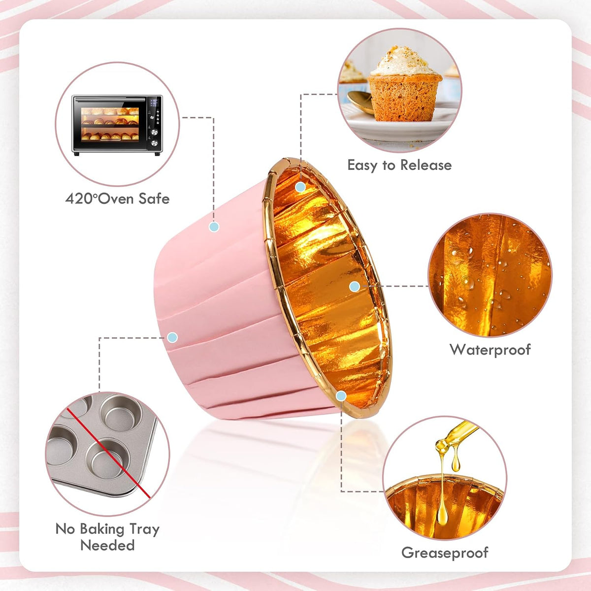 Pink and Gold Foil Cupcake Liners,100 pcs Disposable Muffin Liners 3.5 Oz Wrappers for Baking, Metallic Muffin Paper Cases Baking Cups, Wedding Party, Mother's Day Cupcake Liners