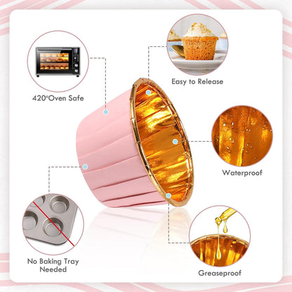 Pink and Gold Foil Cupcake Liners,100 pcs Disposable Muffin Liners 3.5 Oz Wrappers for Baking, Metallic Muffin Paper Cases Baking Cups, Wedding Party, Mother's Day Cupcake Liners