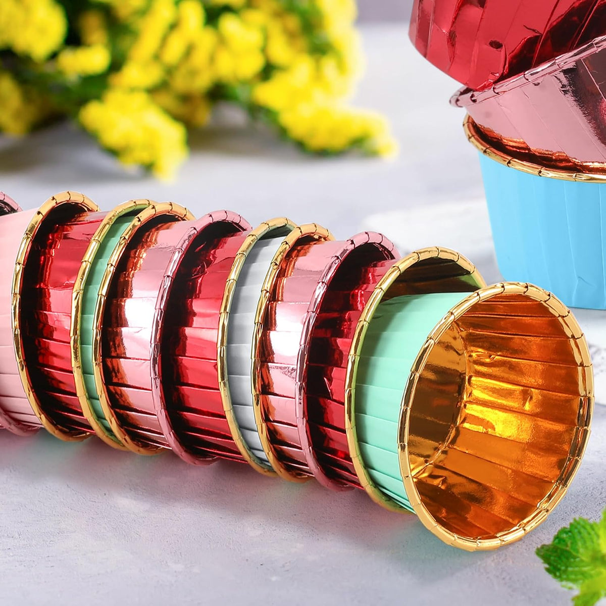 Pink and Gold Foil Cupcake Liners,100 pcs Disposable Muffin Liners 3.5 Oz Wrappers for Baking, Metallic Muffin Paper Cases Baking Cups, Wedding Party, Mother's Day Cupcake Liners