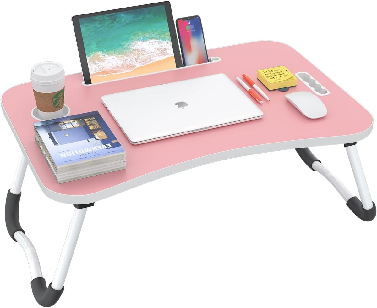 Folding Lap Desk, 23 Inch Portable Wood Blue Laptop Bed Desk Lap Desk with Cup Holder, for Working Reading Writing, Eating, Watching Movies for Bed Sofa Couch Floor-Pink 02