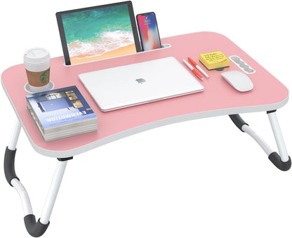 Folding Lap Desk, 23 Inch Portable Wood Blue Laptop Bed Desk Lap Desk with Cup Holder, for Working Reading Writing, Eating, Watching Movies for Bed Sofa Couch Floor-Pink 02