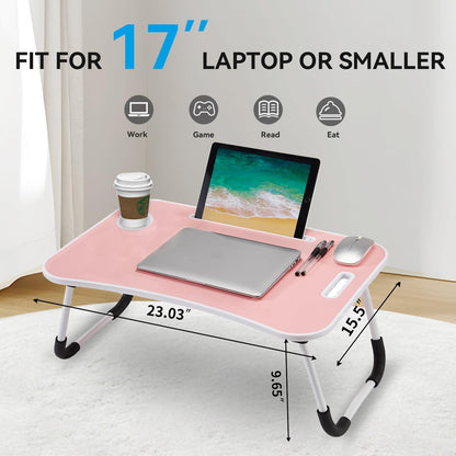 Folding Lap Desk, 23 Inch Portable Wood Blue Laptop Bed Desk Lap Desk with Cup Holder, for Working Reading Writing, Eating, Watching Movies for Bed Sofa Couch Floor-Pink 02