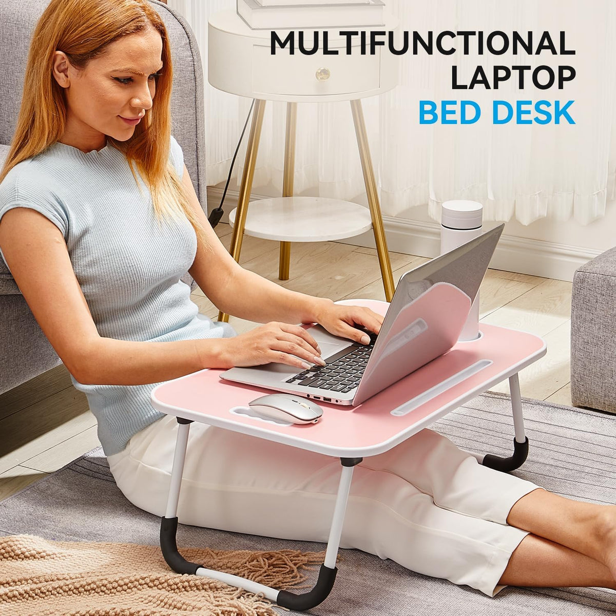 Folding Lap Desk, 23 Inch Portable Wood Blue Laptop Bed Desk Lap Desk with Cup Holder, for Working Reading Writing, Eating, Watching Movies for Bed Sofa Couch Floor-Pink 02