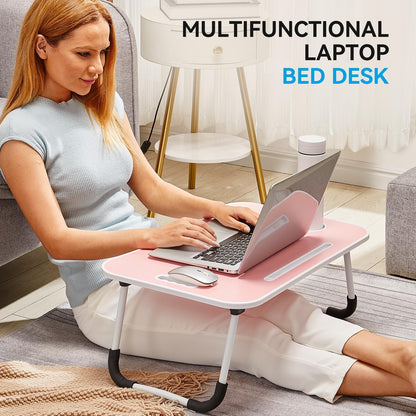 Folding Lap Desk, 23 Inch Portable Wood Blue Laptop Bed Desk Lap Desk with Cup Holder, for Working Reading Writing, Eating, Watching Movies for Bed Sofa Couch Floor-Pink 02