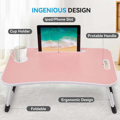 Folding Lap Desk, 23 Inch Portable Wood Blue Laptop Bed Desk Lap Desk with Cup Holder, for Working Reading Writing, Eating, Watching Movies for Bed Sofa Couch Floor-Pink 02