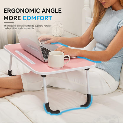 Folding Lap Desk, 23 Inch Portable Wood Blue Laptop Bed Desk Lap Desk with Cup Holder, for Working Reading Writing, Eating, Watching Movies for Bed Sofa Couch Floor-Pink 02