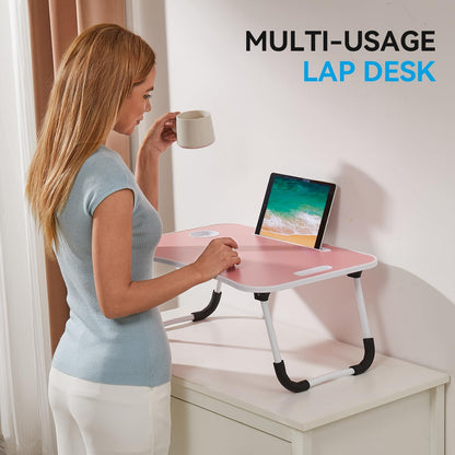 Folding Lap Desk, 23 Inch Portable Wood Blue Laptop Bed Desk Lap Desk with Cup Holder, for Working Reading Writing, Eating, Watching Movies for Bed Sofa Couch Floor-Pink 02