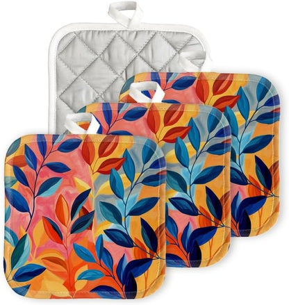 Pot Holder for Kitchen 4pcs,Abstract Leaves in Orange and Pink on Abstract Background Square Heat Resistant Hotpads Non Slip Dirt-Proof Kitchen Cook Oven Potholders Machine Washable,7x7in