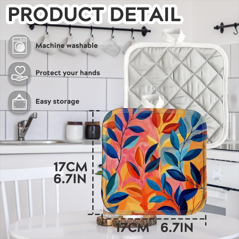 Pot Holder for Kitchen 4pcs,Abstract Leaves in Orange and Pink on Abstract Background Square Heat Resistant Hotpads Non Slip Dirt-Proof Kitchen Cook Oven Potholders Machine Washable,7x7in
