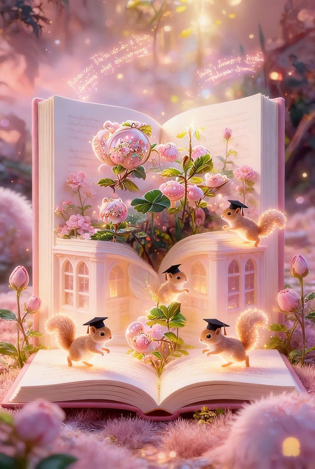 Full Drill Diamond Painting Kit, 12x16 Inch Pink Enchanted Open Book & Graduation Cap Squirrels Theme, DIY Fantasy Craft for Adults Teens, Whimsical Glowing Fairy-Tale Wall Decor