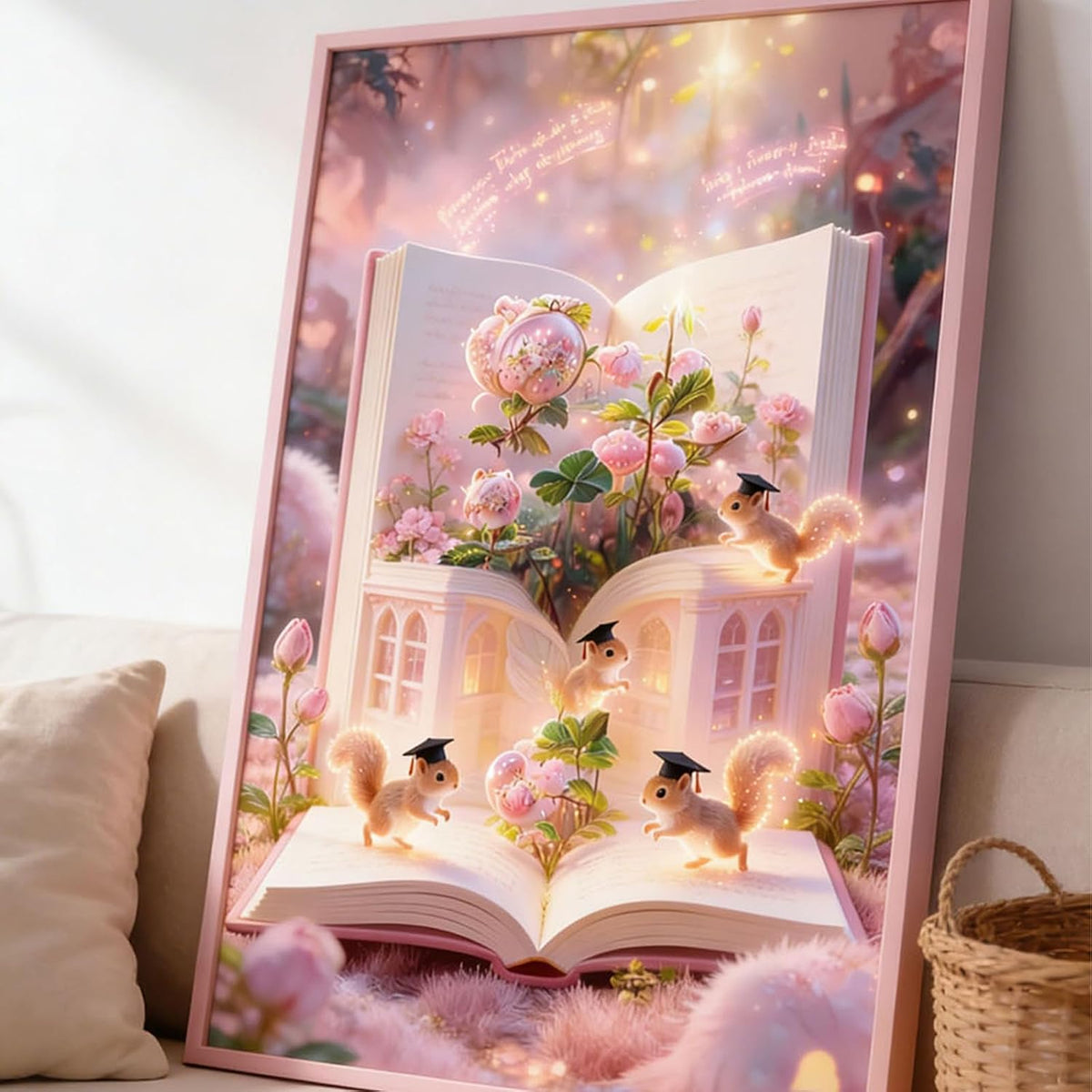 Full Drill Diamond Painting Kit, 12x16 Inch Pink Enchanted Open Book & Graduation Cap Squirrels Theme, DIY Fantasy Craft for Adults Teens, Whimsical Glowing Fairy-Tale Wall Decor